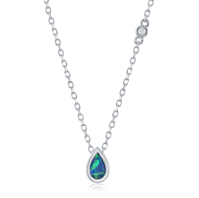Sterling Silver Bezel Set Created Blue Opal Inlay Teardrop with Round Bezel Set Cubic Zirconia Necklace, 16+2" adjustable Sterling Silver Chain.