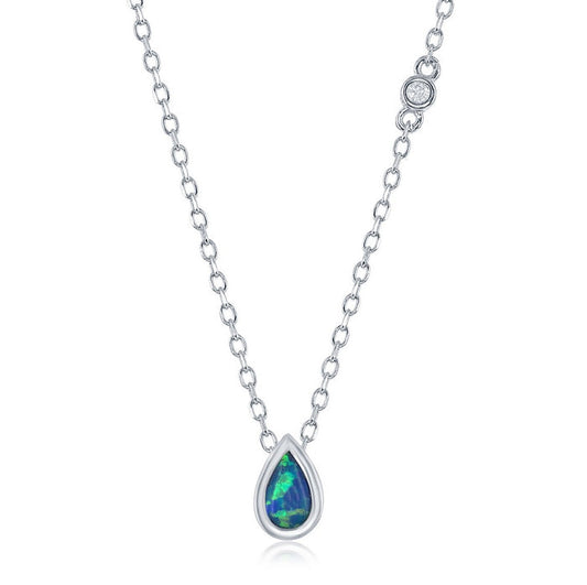 Sterling Silver Bezel Set Created Blue Opal Inlay Teardrop with Round Bezel Set Cubic Zirconia Necklace, 16+2" adjustable Sterling Silver Chain.