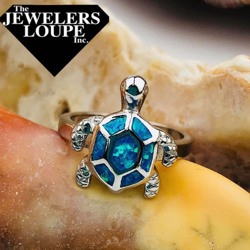 Sterling Silver Simulated Blue Opal Turtle Ring, Size 6.