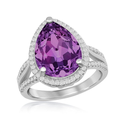 Sterling Silver CZ and 14x10mm Pearshaped Amethyst Swarovski Element Halo Ring