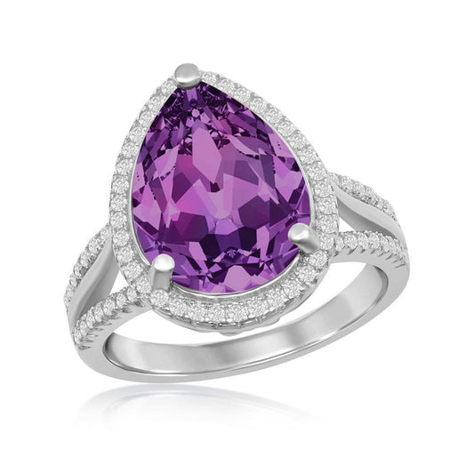 Sterling Silver CZ and 14x10mm Pearshaped Amethyst Swarovski Element Halo Ring