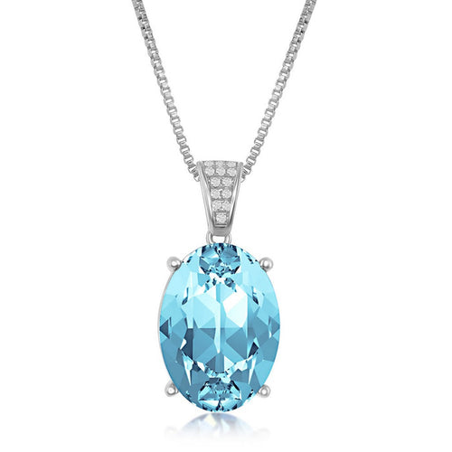 Sterling Silver CZ Bale and 14x10mm Oval - Aqua Swarovski Element Necklace