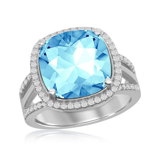 Sterling Silver CZ Halo and 12mm Cushion Square Aqua Swarovski Element Ring, Size 7