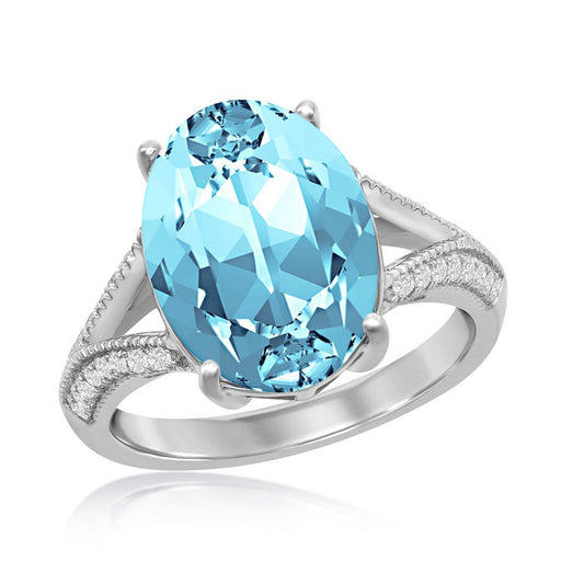 Sterling Silver CZ Open Shank with 14x10mm Oval Aqua Swarovski Element Ring