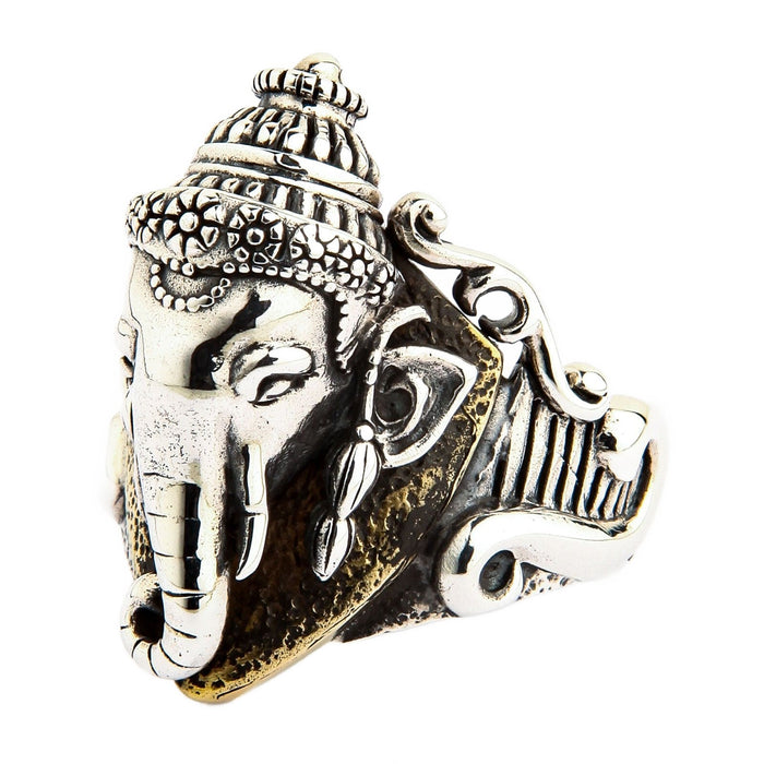 An angled view of the two-tone Ganesh Hindu god ring showing the intricate headdress.