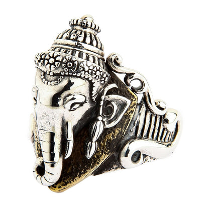 An angled view of the two-tone Ganesh Hindu god ring showing the intricate headdress.