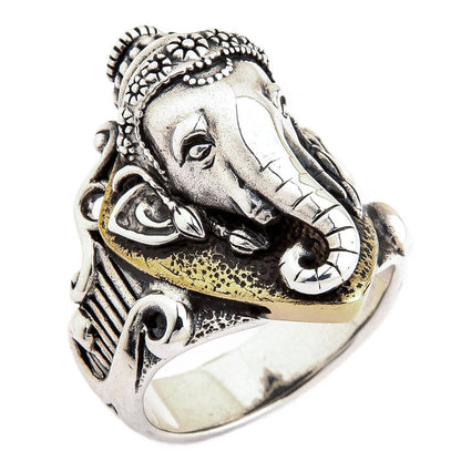Detailed angle of the Lord Ganesha ring showing handcrafted silver and brass.