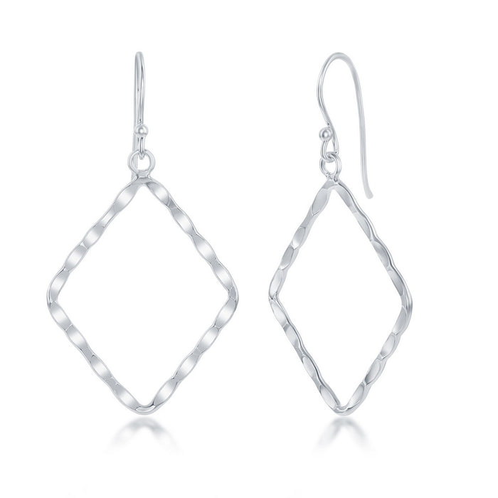 Sterling Silver Hammered Open Diamond Shaped Loop Earrings on Fish Hooks