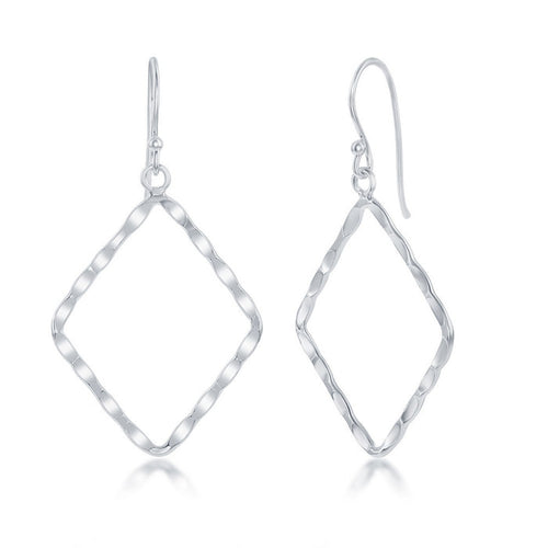 Sterling Silver Hammered Open Diamond Shaped Loop Earrings on Fish Hooks