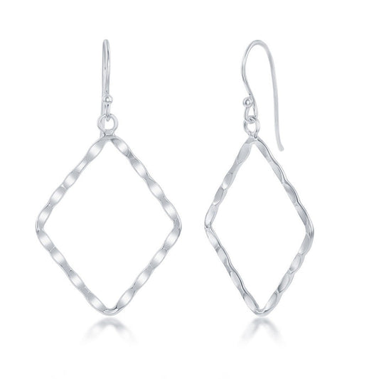 Sterling Silver Hammered Open Diamond Shaped Loop Earrings on Fish Hooks
