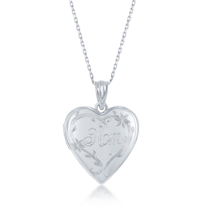 Sterling Silver Heart Shaped Locket engraved with "Mom" and  floral design, comes with 18" Sterling Silver Chain.