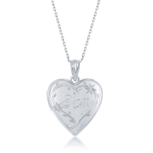 Sterling Silver Heart Shaped Locket engraved with "Mom" and  floral design, comes with 18" Sterling Silver Chain.