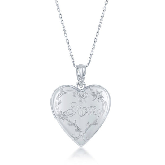 Sterling Silver Heart Shaped Locket engraved with "Mom" and  floral design, comes with 18" Sterling Silver Chain.