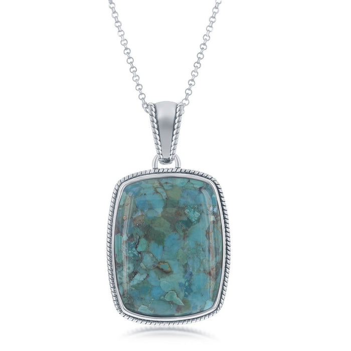 Sterling Silver Large Rectangle Shaped Turquoise Pendant with Rope Border on 18" Sterling Silver Chain.