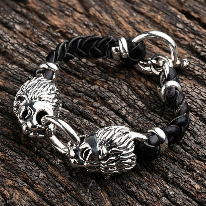 Sterling silver lion head bracelet formed in circle showing complete design with T-bar clasp