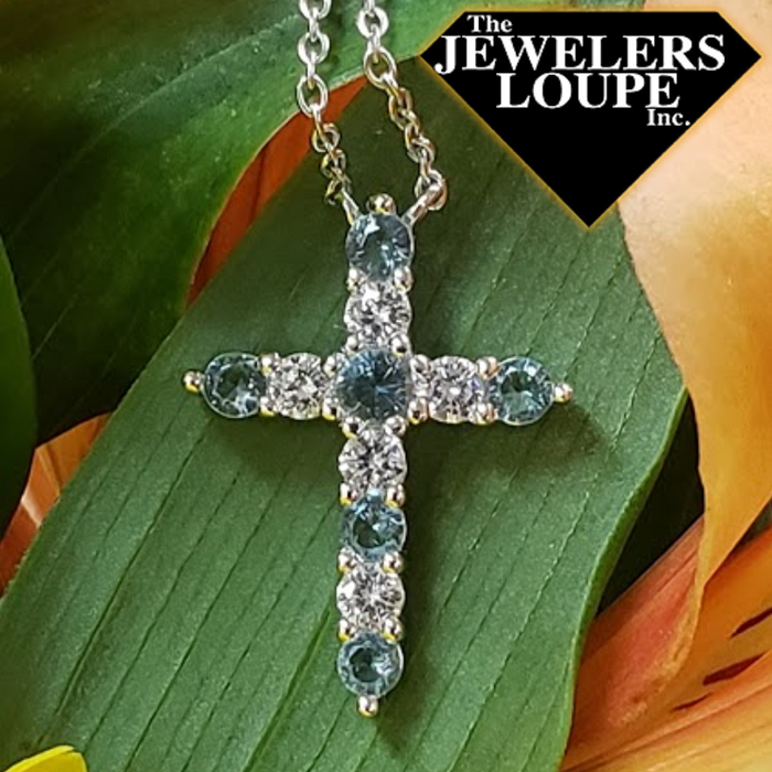 Sterling Silver Aquamarine Cubic Zirconia March Birthstone Necklace with 16+2" Adjustable Sterling Silver Chain.