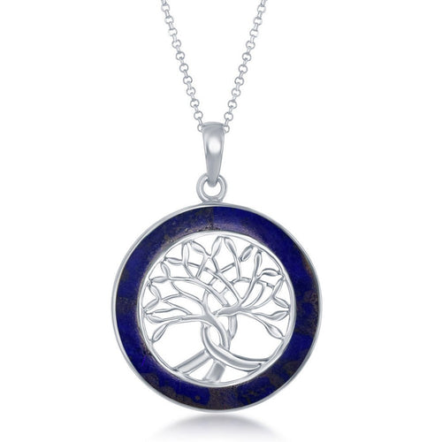 Sterling Silver Round Lapis Tree of Life Pendant (95066)