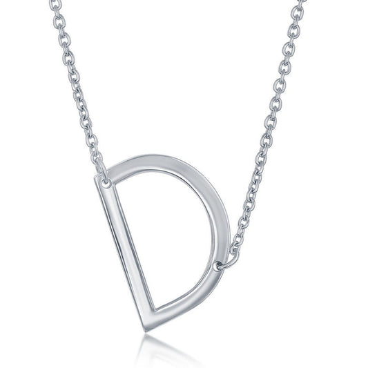 Sterling Silver Sideways 'D' Initial Pendant with 16+2" Sterling Silver Chain.