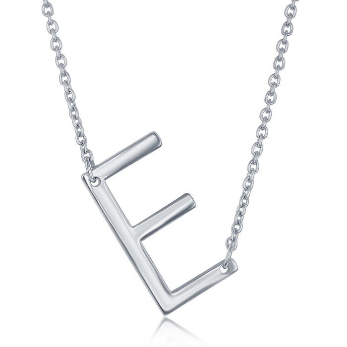 Sterling Silver Sideways 'E' Initial Pendant with 16+2" Sterling Silver Chain.
