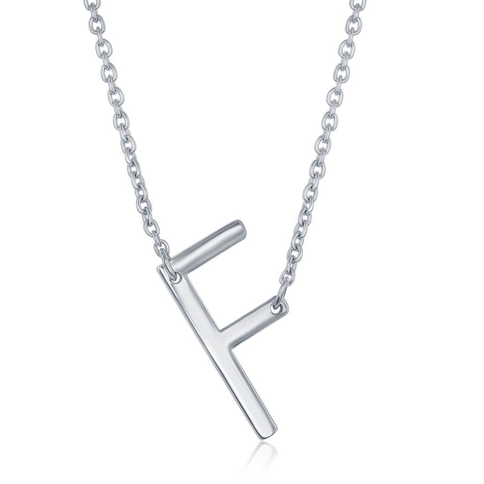 Sterling Silver Sideways 'F' Initial Pendant with 16+2" Sterling Silver Chain.