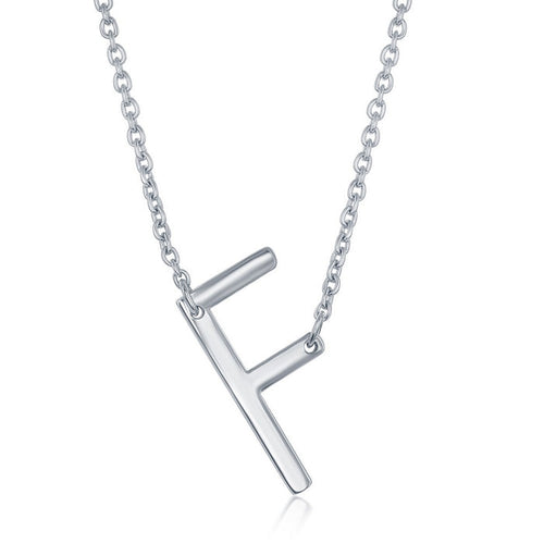 Sterling Silver Sideways 'F' Initial Pendant with 16+2" Sterling Silver Chain.