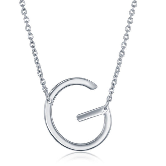 Sterling Silver Sideways 'G' Initial Pendant with 16+2" Sterling Silver Chain.