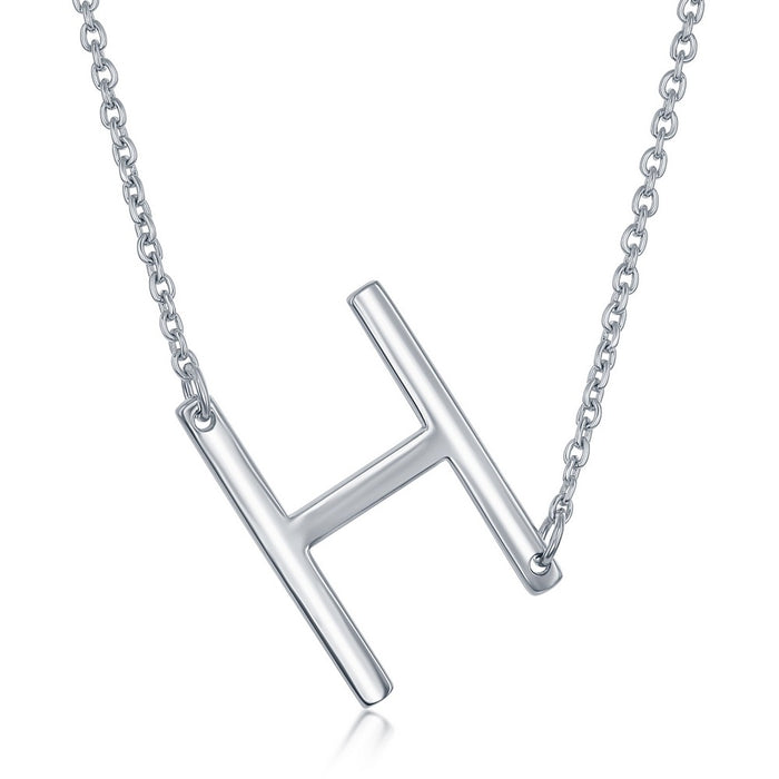 Sterling Silver Sideways 'H' Initial Pendant with 16+2" Sterling Silver Chain. Initial Measures Approximately 1".