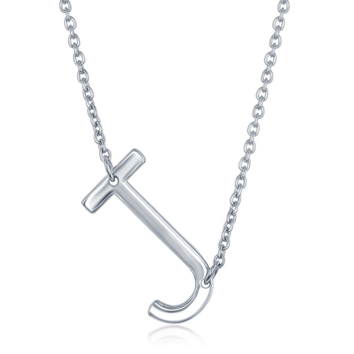 Sterling Silver Sideways 'J' Initial Pendant with 16+2" Sterling Silver Chain. Initial Measures Approximately 1".