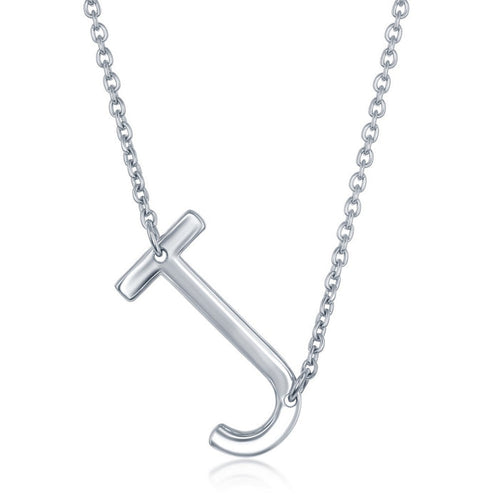 Sterling Silver Sideways 'J' Initial Pendant with 16+2" Sterling Silver Chain. Initial Measures Approximately 1".