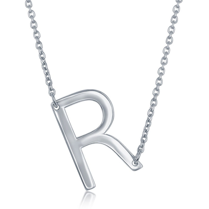 Sterling Silver Sideways 'R' Initial Pendant with 16+2" Sterling Silver Chain. Initial Measures Approximately 1".
