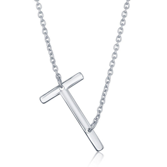 Sterling Silver Sideways 'T' Initial Pendant with 16+2" Sterling Silver Chain. Initial Measures Approximately 1".