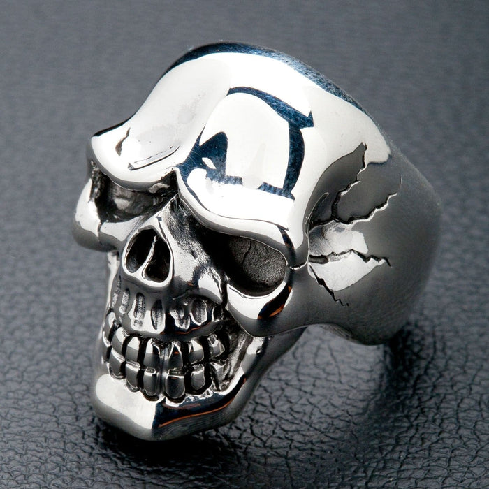 An angled view of the men's gothic biker statement skull ring in solid silver.