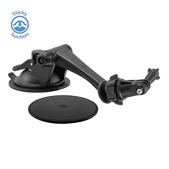 The Sticky Suction Windshield or Dash Car Mount for GoPro HERO Action Cameras is a black mount with an adjustable arm and round adhesive pad, ideal for dash or windshield use. “Sticky Suction” appears with a blue icon in the top left corner.
