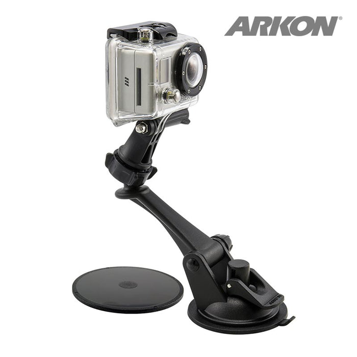 A Sticky Suction Windshield or Dash Car Mount for GoPro HERO Action Cameras is shown with a clear camera attached and a separate adhesive base, making it perfect for live streaming. The Arkon logo appears in the top right corner.