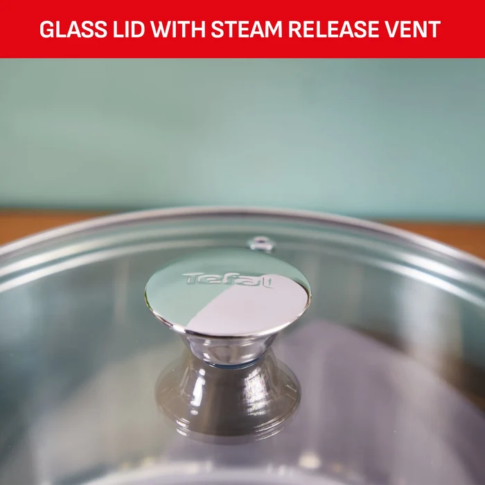 Tefal Cook Eat Induction 3pc Pot Set includes glass lid with steam release vent