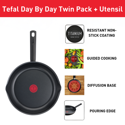 Tefal Day By Day Twin Pack Frypans 20/28cm + Utensil