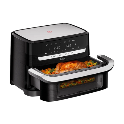 Tefal Dual Easy Fry Flex Black Air Fryer EY9228 side view cooking whole chicken