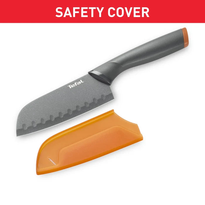 Tefal Fresh Kitchen Non-Stick Stainless Steel Santoku Knife 12cm K1220104 with safety cover