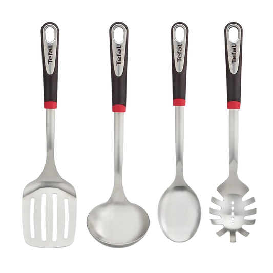 Tefal Ingenio Stainless Steel Kitchen Utensil Essentials Set includes slotted turner, ladle, spoon and pasta spoon