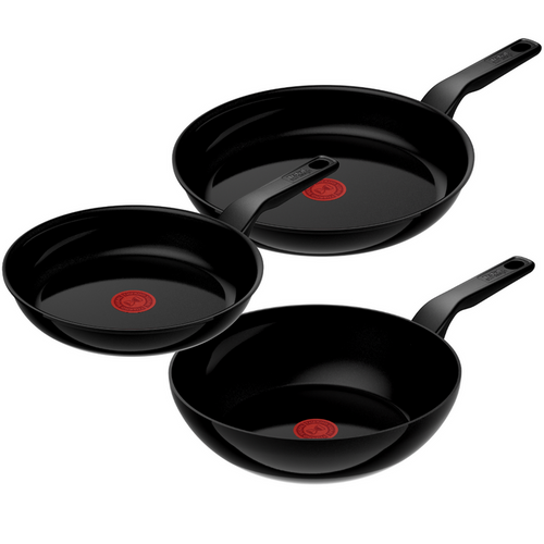Tefal Renew Black Triple Pack 24/28cm Frypans & 28cm Wok - Ceramic Non-Stick Coating