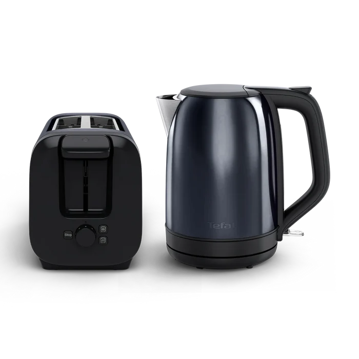 Tefal Subito Black Knight Stainless Steel Toaster & Kettle Breakfast Set TT5SAN front view