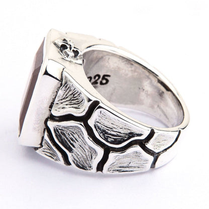 Back angle of handcrafted Tiger's Eye men's ring showing 925 sterling silver hallmark stamp