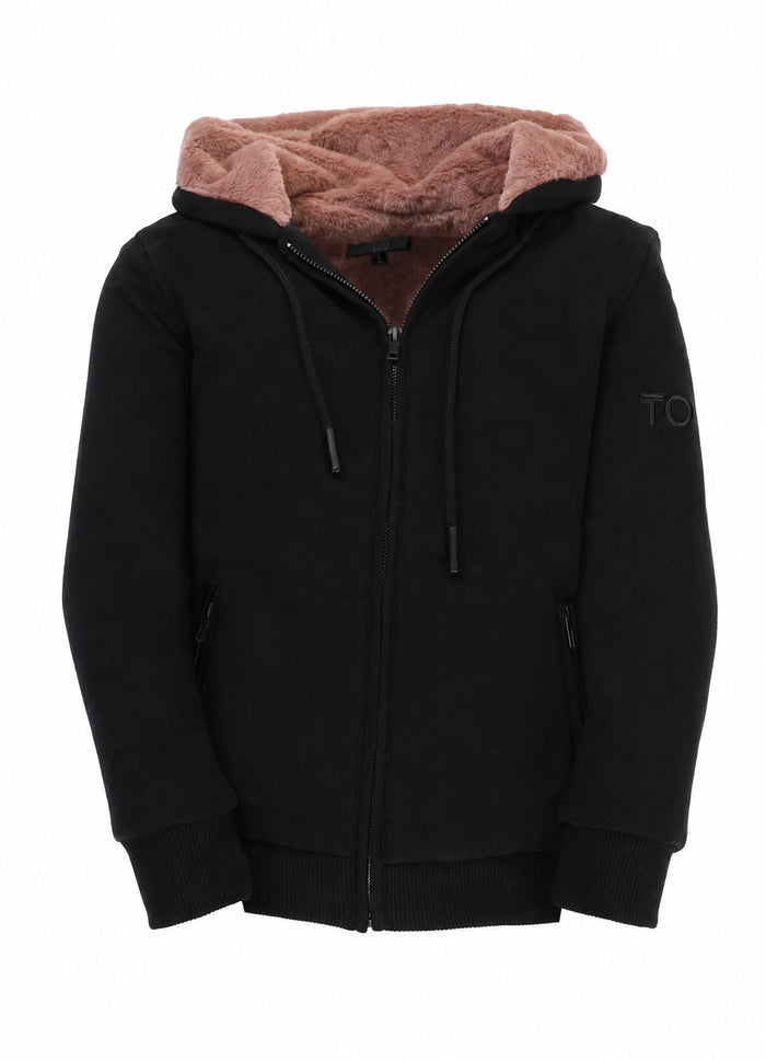 T.O. Collection Adult's Fully Lined Black X Style Hoodie with thumb hole -Mauve Fur
