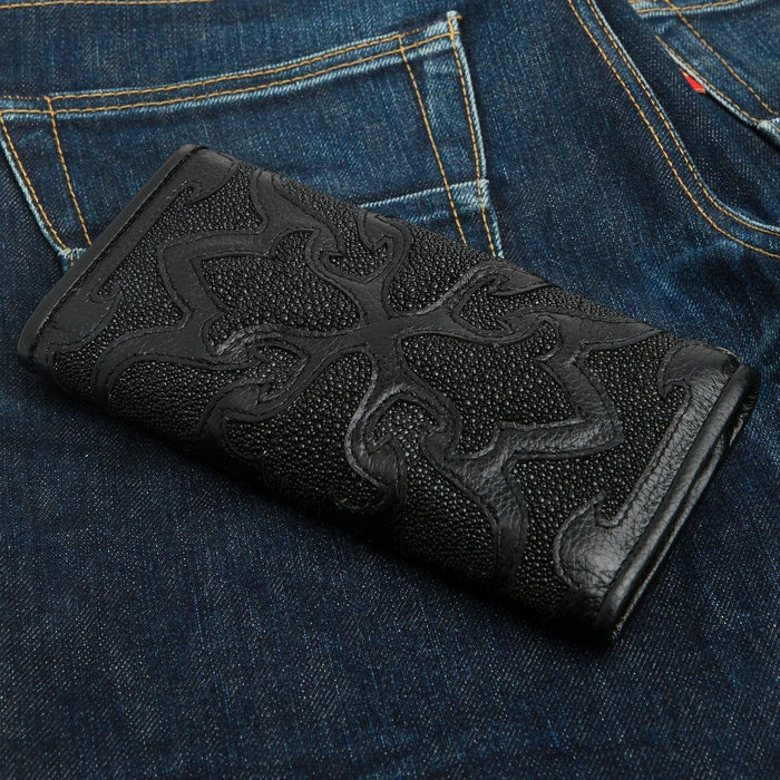 Tribal Black Genuine Leather Trifold Biker Wallet