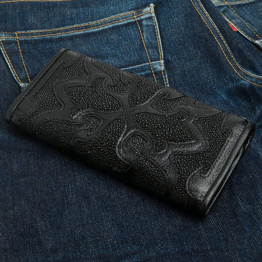 Tribal Black Genuine Leather Trifold Biker Wallet
