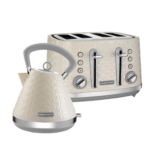 A cream-colored Vector brand kettle and toaster set with a geometric pattern and silver accents.