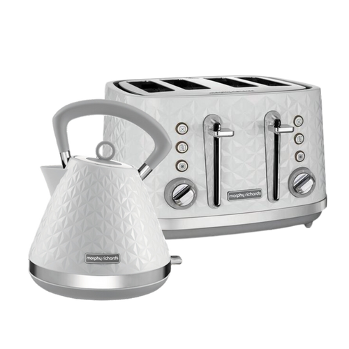 A whiteVector brand electric kettle and toaster set on a white background, showcasing a modern geometric pattern design.