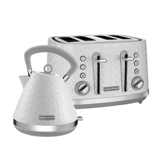 A whiteVector brand electric kettle and toaster set on a white background, showcasing a modern geometric pattern design.