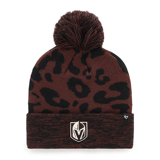 Winter beanie hat with leopard print, pom-pom, and Vegas Golden Knights Rosette design