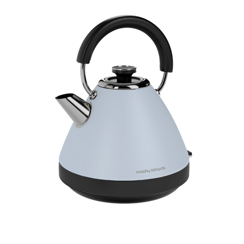 A duck egg blue pyramid-shaped electric kettle with a black handle and base, featuring a stainless steel spout and a removable limescale filter.